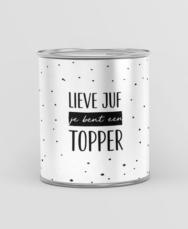 Blikje snoep cadeau - Lieve juf je bent een topper