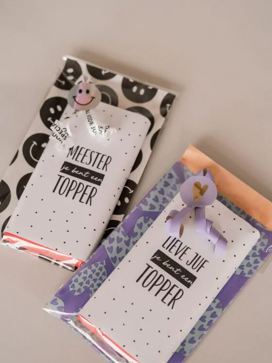meester je bent een topper en lieve juf je bent een topper chocoladereep cadeautje