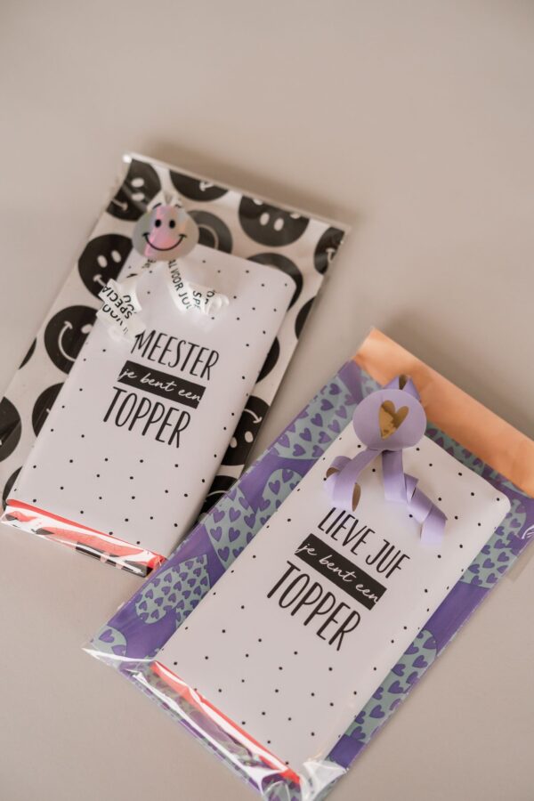 meester je bent een topper en lieve juf je bent een topper chocoladereep cadeautje
