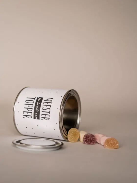 Blikje snoep cadeau - meester je bent een topper