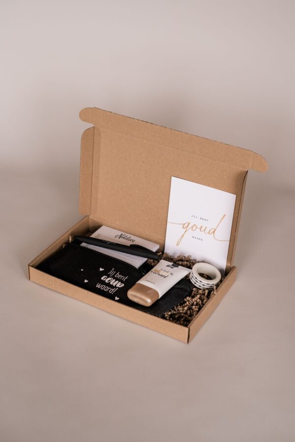 jij bent goud waard brievenbus cadeau - etui, notitieblok, pen, handcreme, washitape