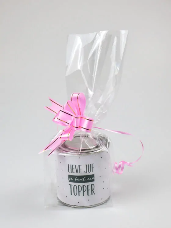 Blikje snoep cadeau - Lieve juf je bent een topper