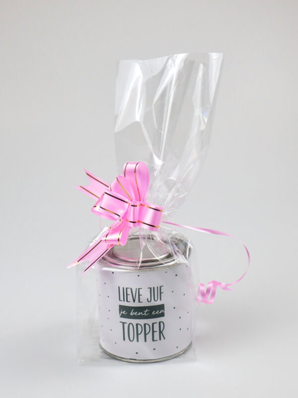 Blikje snoep cadeau - Lieve juf je bent een topper