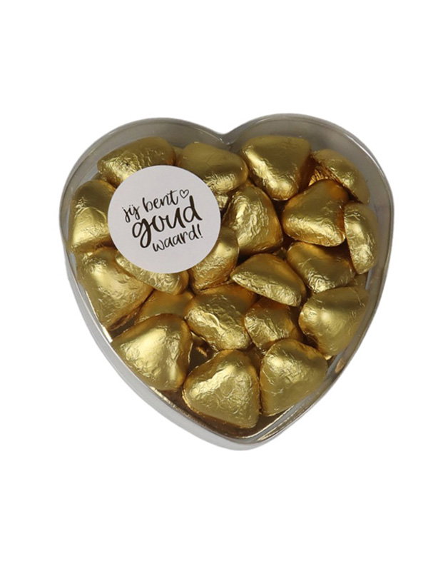 Hartvormig snoepdoosje – Met gouden hartjes chocolade