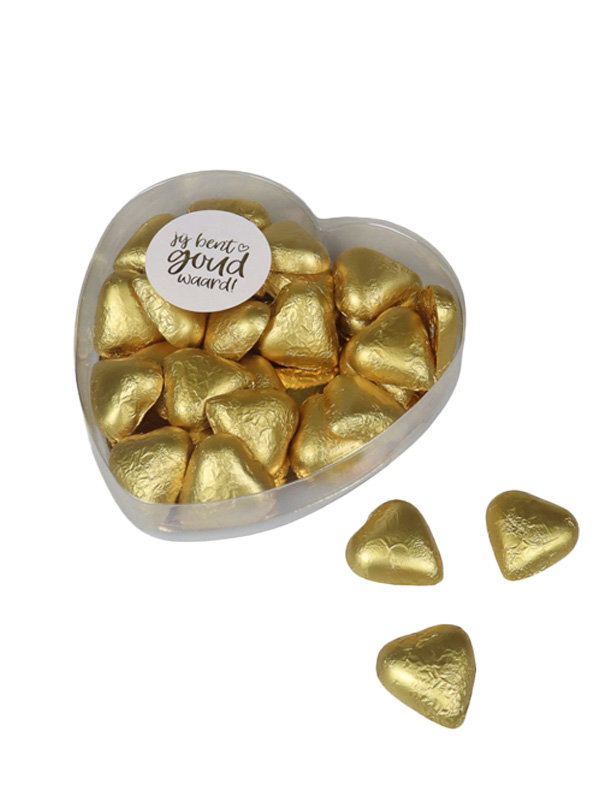 Hartvormig snoepdoosje – Met gouden hartjes chocolade