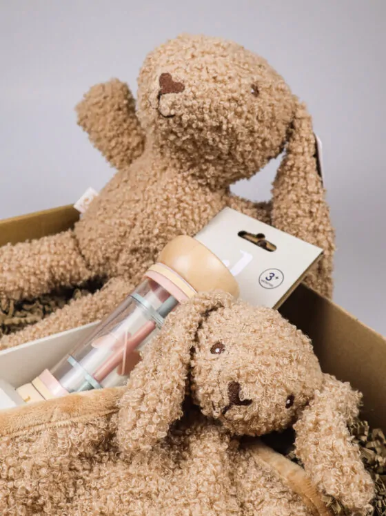 Kraampakket meisje met knuffel bunny, speendoekje en regenrammelaar