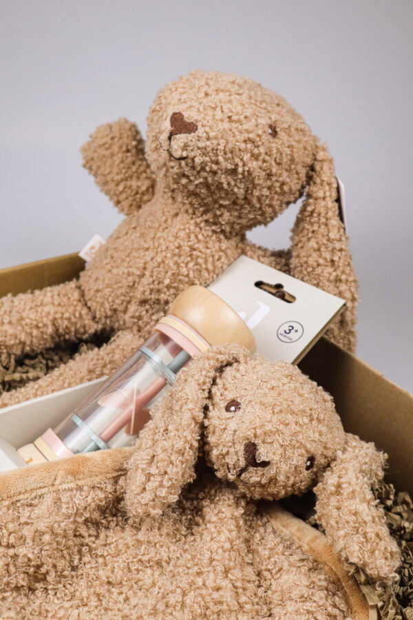Kraampakket meisje met knuffel bunny, speendoekje en regenrammelaar