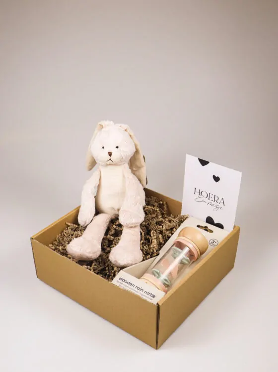 Kraampakket meisje met knuffelkonijn, rammelaar en kaart