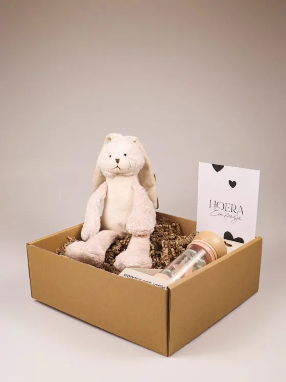 Kraampakket meisje met knuffelkonijn, rammelaar en kaart