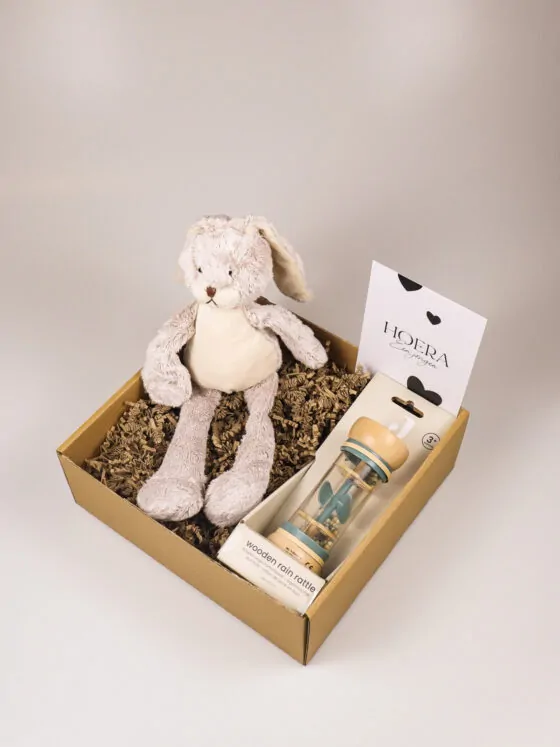 Kraampakket jongen met knuffel konijn, rammelaar en kaart