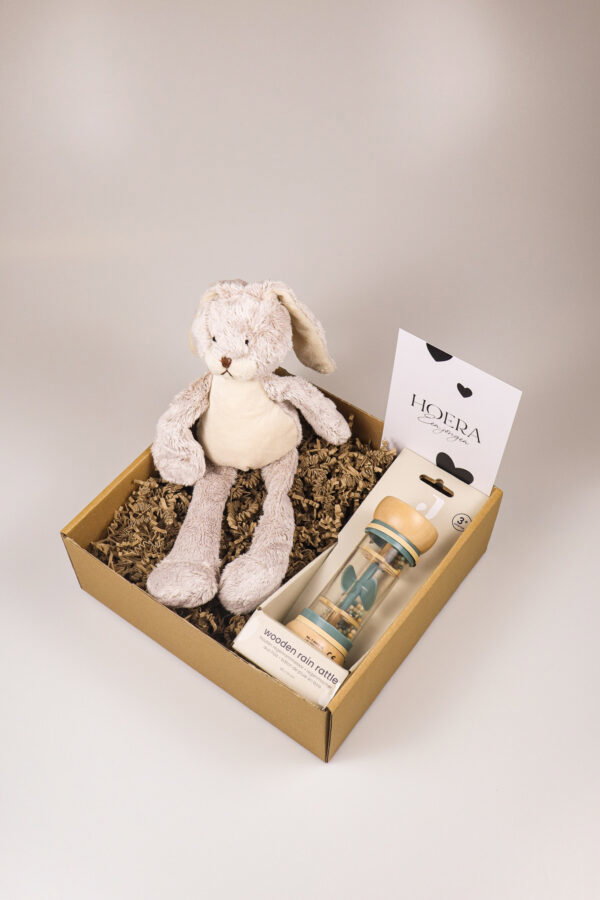 Kraampakket jongen met knuffel konijn, rammelaar en kaart Kraampakket jongen met knuffel konijn, rammelaar en kaart