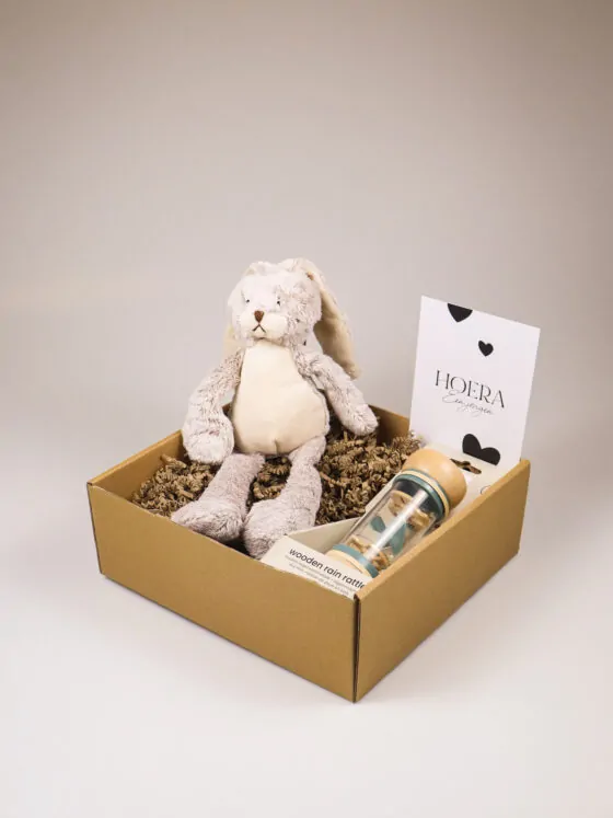 Kraampakket jongen met knuffel konijn, rammelaar en kaart