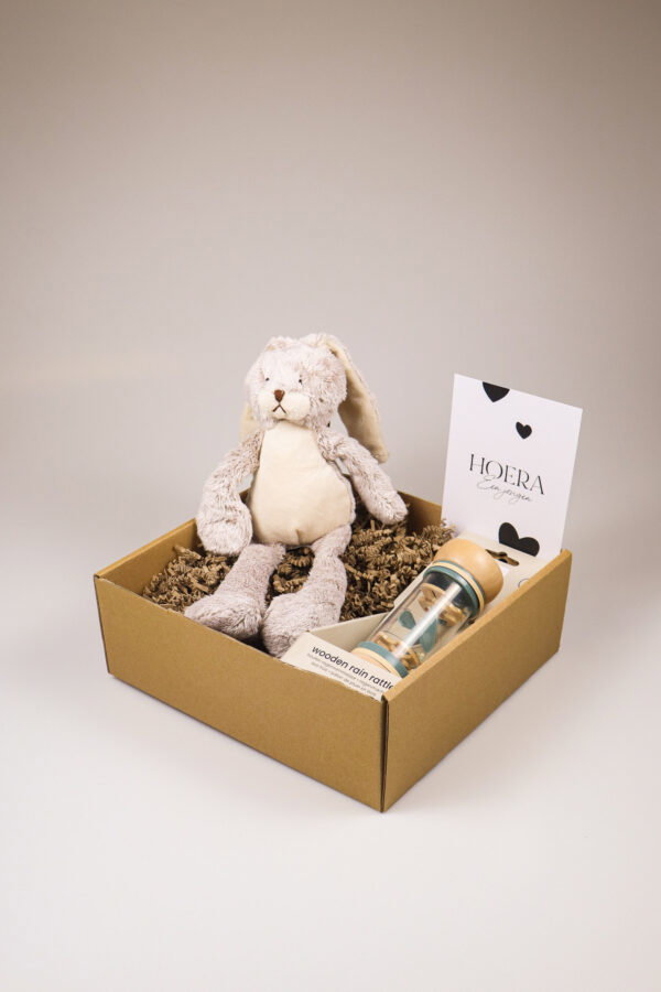 Kraampakket jongen met knuffel konijn, rammelaar en kaart Kraampakket jongen met knuffel konijn, rammelaar en kaart