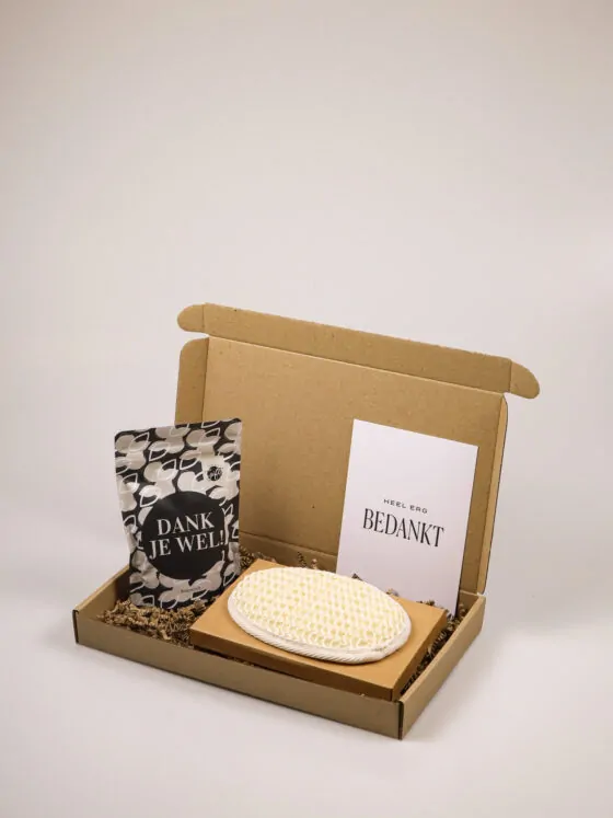 Brievenbus cadeau – Scrub & luffaspons met ‘Dank je wel’