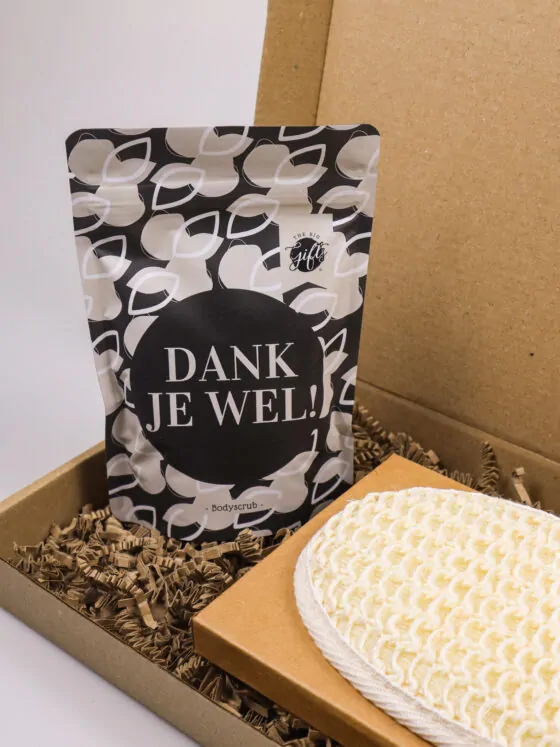 Brievenbus cadeau – Scrub & luffaspons met ‘Dank je wel’