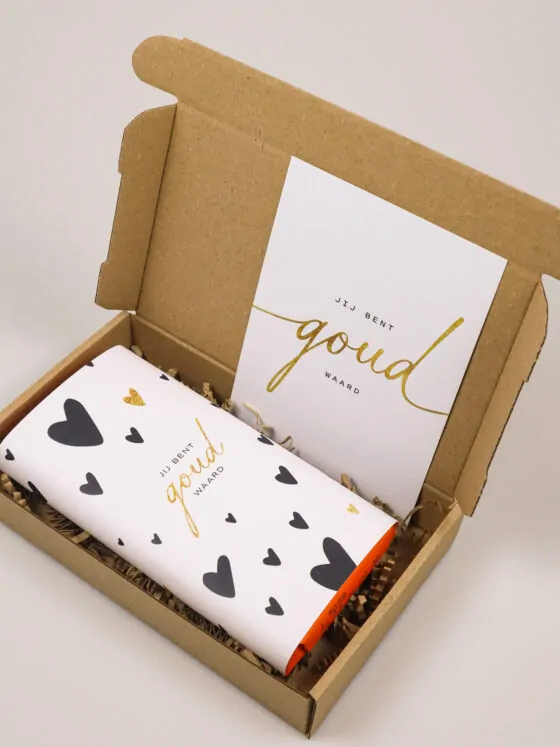 Brievenbuscadeau Goud Waard – Tony’s Chocolade Reep