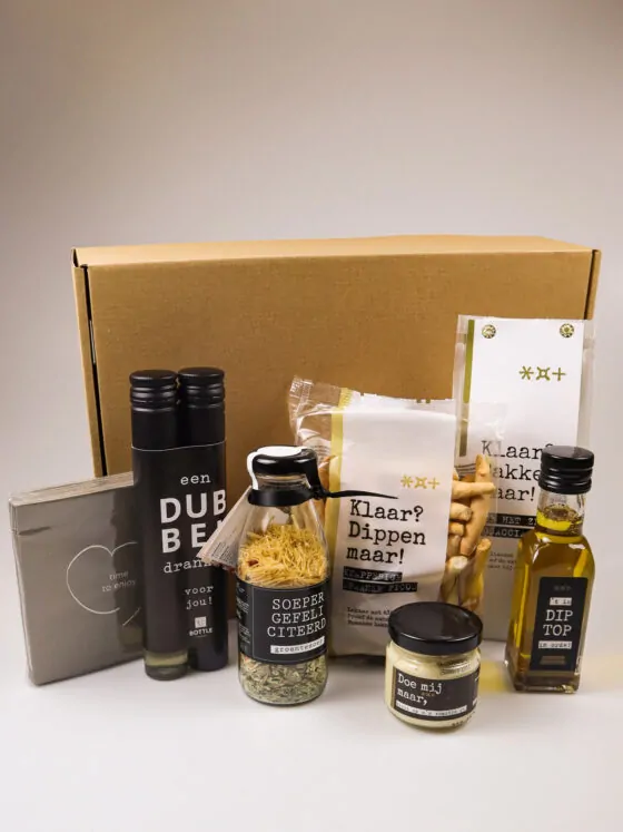 gefeliciteerd cadeaupakket met soep, wijn & borrelhapjes