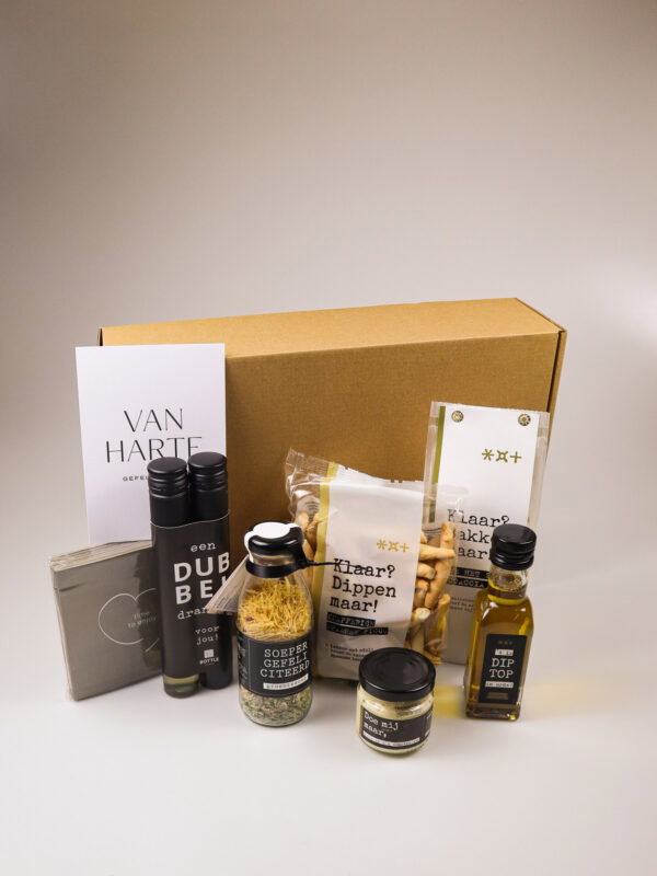 gefeliciteerd cadeaupakket met soep, wijn & borrelhapjes