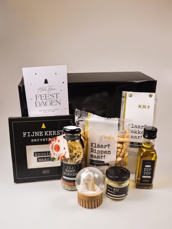 kerst cadeaupakket met soep, dips & feestelijke bites