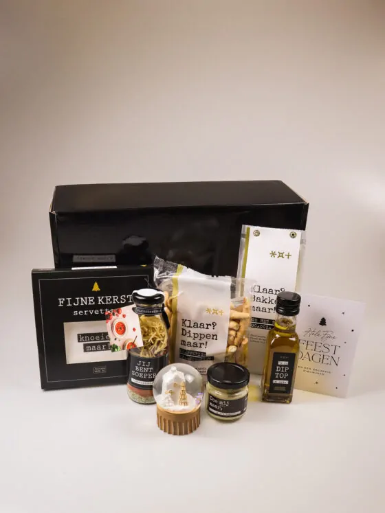 kerst cadeaupakket met soep, dips & feestelijke bites