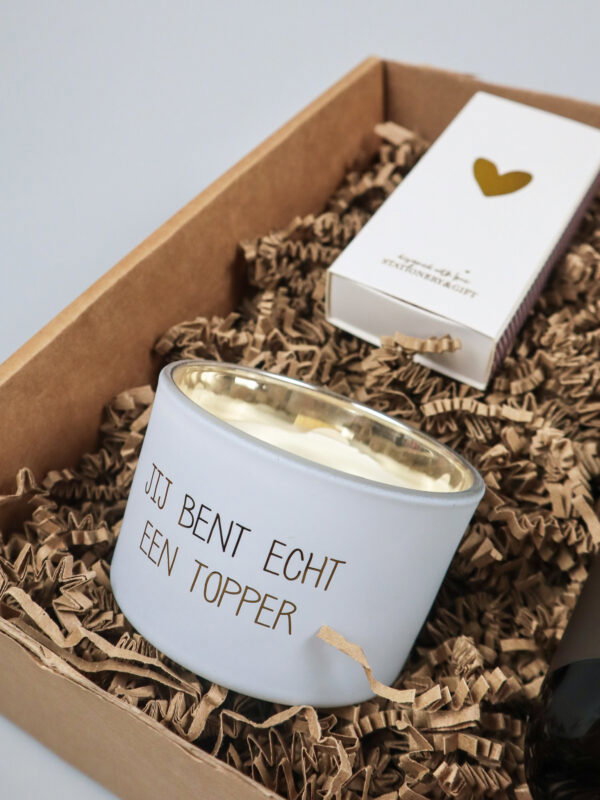 1x pakket, handzeep, kaars my flame, lucifers-2 Cadeaupakket Jij bent echt een Topper – Handzeep, Sojakaars & Lucifers