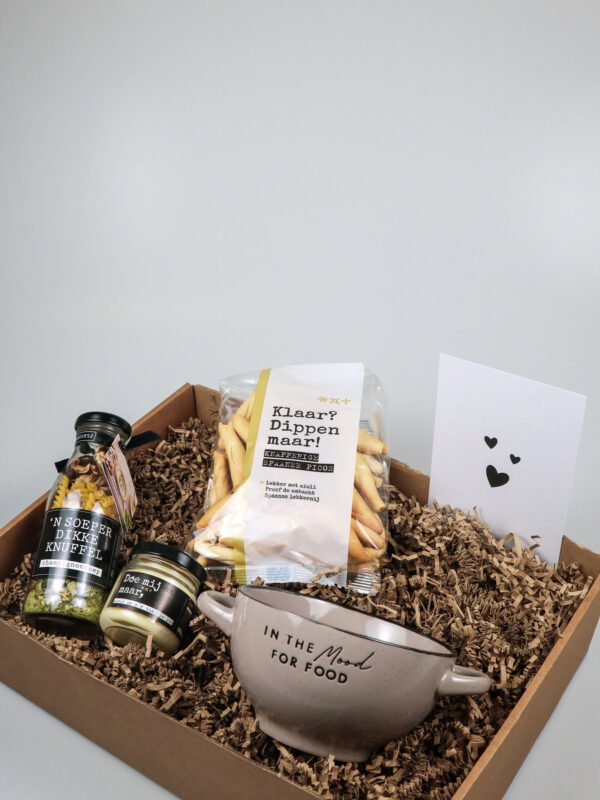 Cadeaupakket comfort food – soep, aioli, dipstokjes & kom