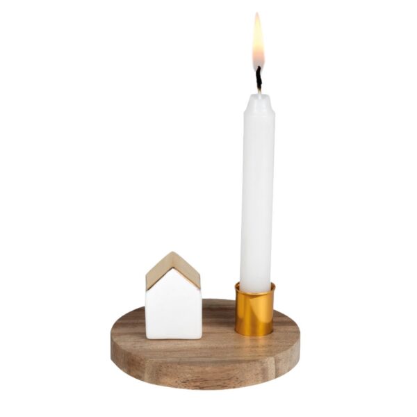 Kerst kandelaar hout met porseleinen huisje en goud