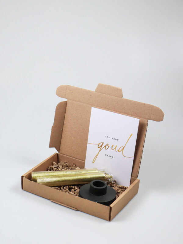 brievenbus cadeau Jij bent goud waard - Kandelaar & 2 gouden rustieke kaarsen