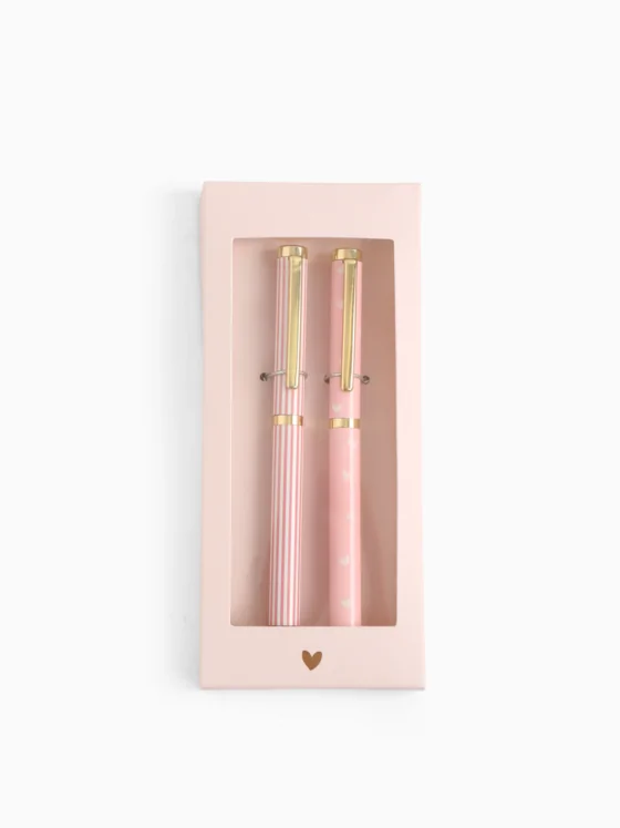 Pennenset – Roze hartjes & strepen – 2 stuks in geschenkdoosje