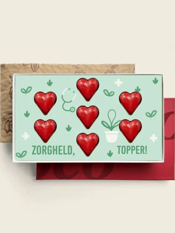 Gevulde chocolade hartjes Zorgheld topper - geschenkdoos
