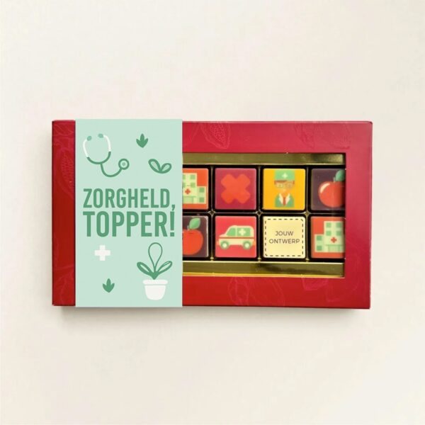 Chocoladeblokjes Dag van de zorg eigen logo - geschenkdoos Chocoladeblokjes Dag van de zorg eigen logo - geschenkdoos
