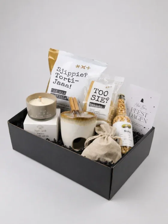 Kerstcadeau met fondue set, My Flame kaars & chips