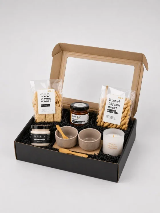 Borrel kerstpakket met tapenade, dipstokjes & kaars