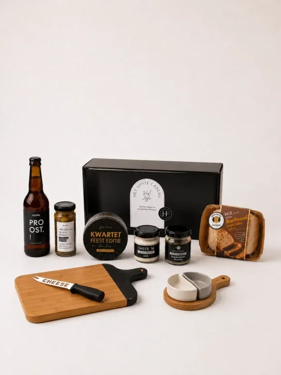 Borrel kerstpakket met snijplank, bier & bierbrood