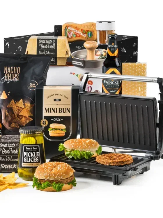 Kerstpakket smakelijke burgers met contactgrill en Swinckels bier Kerstpakket smakelijke burgers met contactgrill en Swinckels bier