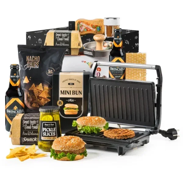 Kerstpakket smakelijke burgers met contactgrill en Swinckels bier