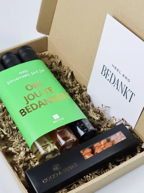 Brievenbus cadeau om jou te bedanken met wijn en chocolade