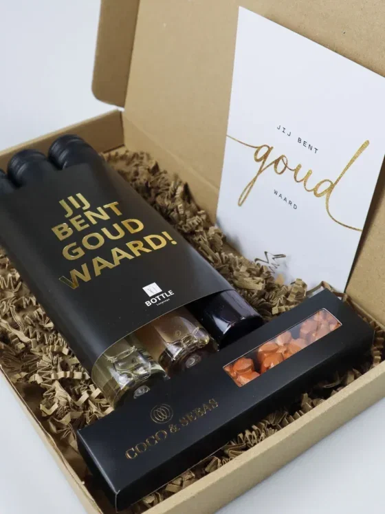 Brievenbus jij bent goud waard met wijn en chocolade