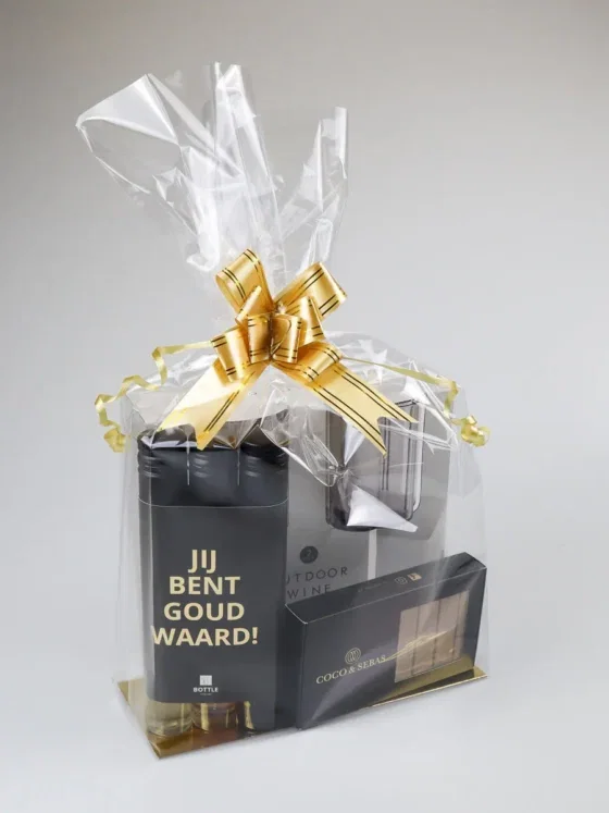 Luxe cadeauzak - Jij bent goud waard met wijn en chocolade