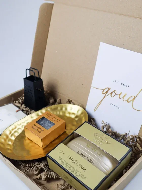 Brievenbuscadeau Jij Bent Goud Waard met handcrème & amberblokje