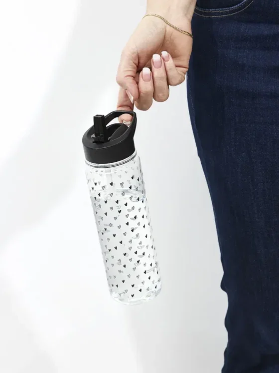 Drinkfles met rietje zwart - transparant met hartjes patroon