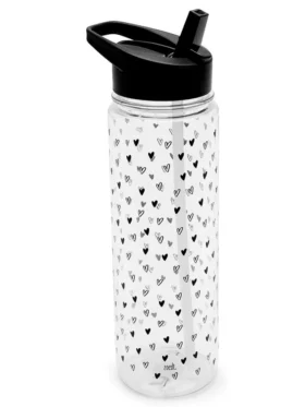 Drinkfles met rietje zwart - transparant met hartjes patroon