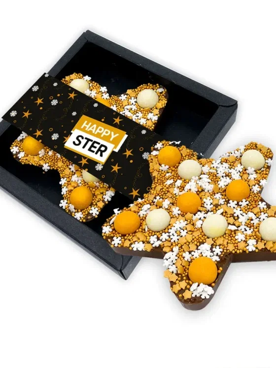 Chocolade kerstster goud - Happy ster | 150g melkchocolade Chocolade kerstster goud - Happy ster | 150g melkchocolade