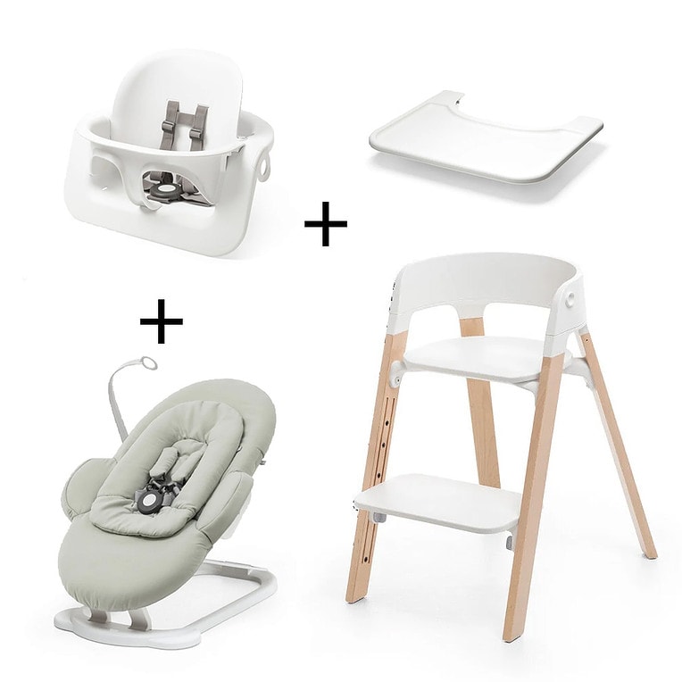 Stokke Steps White Naturel + bouncer Soft Sage + babyset + tray