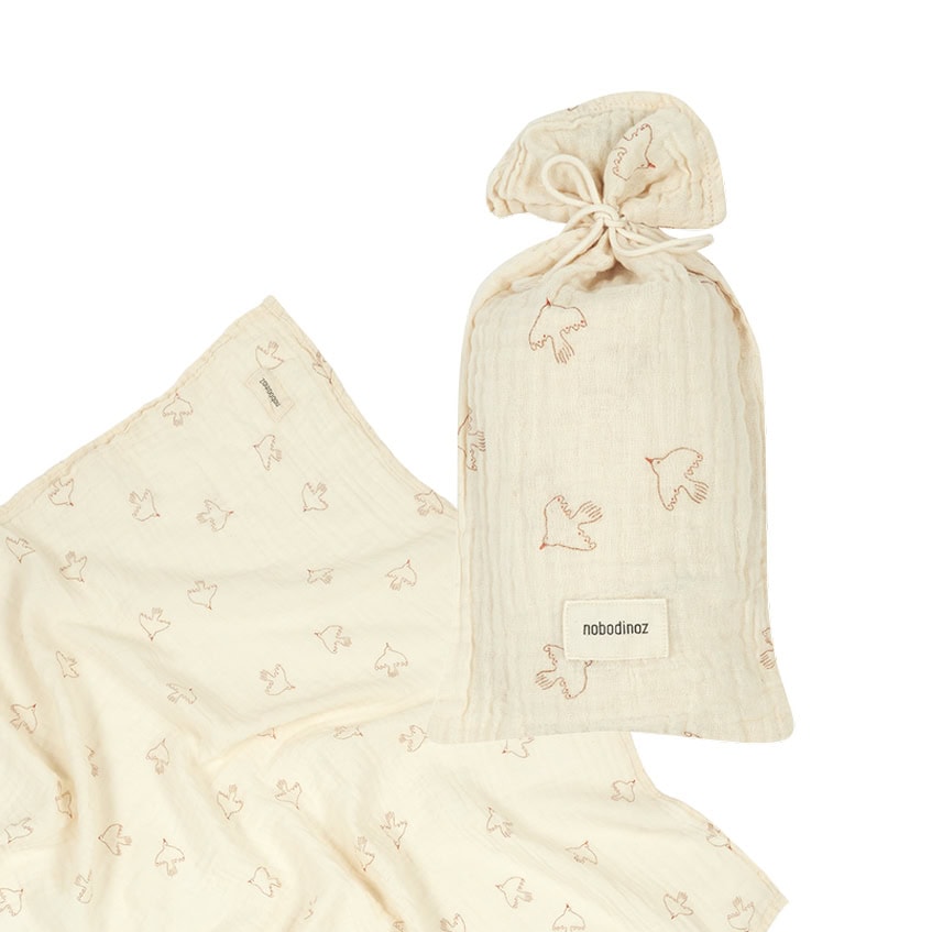 Nobodinoz birth gift muslin swaddle - Brown Hoshi Birds